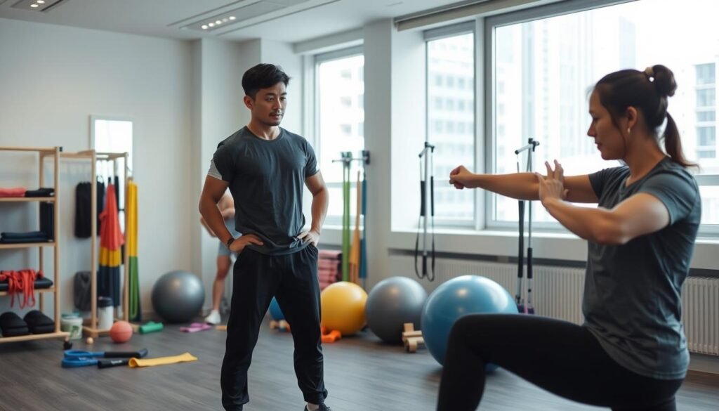 A sports therapy clinic in Wan Chai focused on movement assessment features a physical therapist guiding a client through a dynamic stretching exercise. In the foreground, the therapist, dressed in professional athletic attire, intently observes the client's movements, showcasing a focused expression. The client, wearing comfortable athletic wear, is performing a lunge, emphasizing proper form. In the middle ground, various therapy equipment, like resistance bands and stability balls, are neatly arranged. The background features large windows allowing natural light to flood the space, creating a bright, inviting atmosphere. The setting is clean and modern, with a calming color palette of soft blues and greens. The composition captures a collaborative environment fostering athletic performance improvement through movement assessment. The lighting is soft, highlighting the interaction between the therapist and client while maintaining a professional atmosphere.