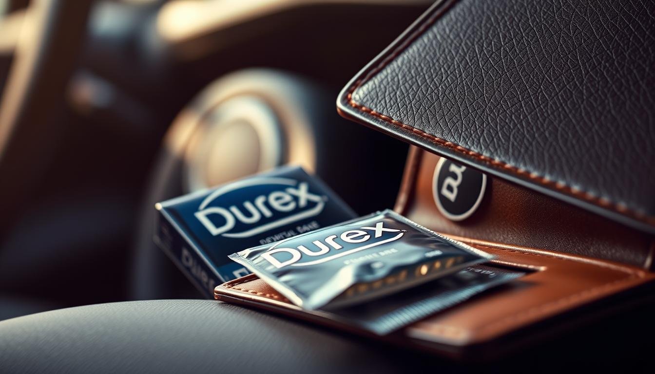 A visually striking image depicting the risks associated with storing Durex condoms in a wallet. In the foreground, a stylish leather wallet is partially open, revealing a pack of Durex condoms that appears slightly worn or damaged. The middle ground features a blurred background of a car interior, emphasizing the theme of improper storage conditions. Soft, natural lighting highlights the textures of the wallet and condom packaging, creating a warm atmosphere. Use a slightly tilted angle to create visual interest, focusing on the contrast between the wallet's sleekness and the potential deterioration of the contents. The overall mood should evoke caution and awareness about proper condom storage. No text, logos, or identifying features visible in the image.