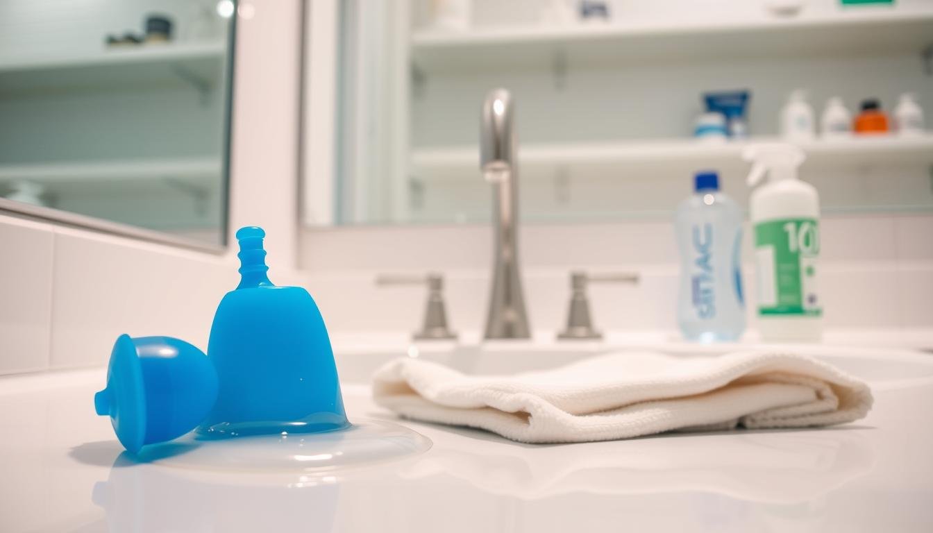 A clean, well-lit bathroom setting with a focus on a countertop featuring various cleaning supplies for sanitizing a male masturbation cup. In the foreground, there's a pristine blue silicone cup, partially filled with soap and water, and a soft cloth and a bottle of antibacterial spray. The middle section shows an open faucet running warm water, emphasizing cleanliness. In the background, there are shelves neatly organized with additional hygiene products. The lighting is bright and inviting, creating a fresh atmosphere. The angle is slightly overhead, providing a comprehensive view of the sanitization process while keeping the focus on the cup and cleaning materials. The overall mood is hygienic and professional, conveying an effective cleaning routine.