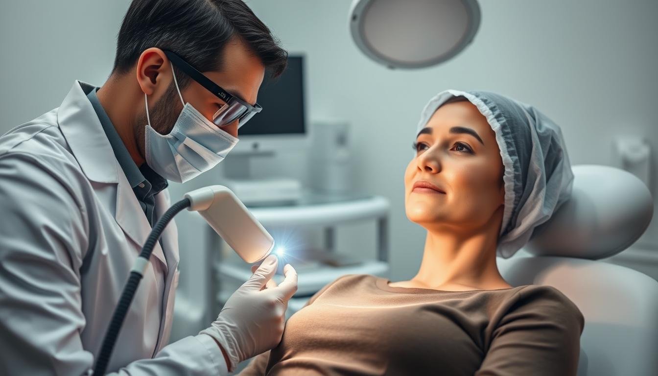 A clinical setting focused on a laser treatment session for facial wart removal. In the foreground, a dermatologist, wearing professional attire and safety goggles, meticulously operates a laser device, highlighting the precision required in the procedure. The patient is seated comfortably, visibly calm and dressed in modest clothing, with a protective covering over their hair. In the middle, the laser emits a bright, focused beam aimed at the skin, creating a slight shimmer, conveying the technical aspect of the treatment. The background features a clean, sterile environment with medical equipment and soft, diffused lighting to emphasize a soothing atmosphere. The overall mood is professional and reassuring, capturing the essence of a safe and effective cosmetic procedure.