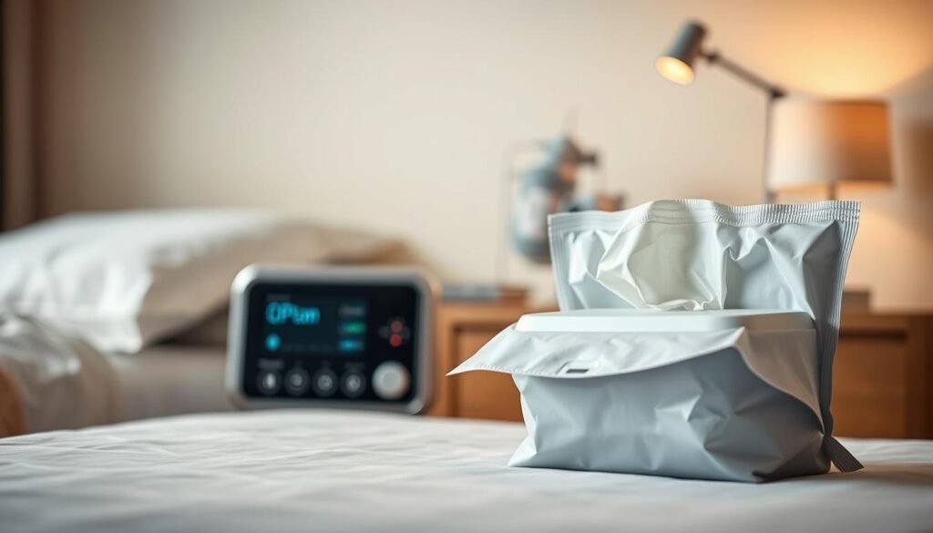 A detailed and realistic depiction of medical-grade cleaning wipes specifically designed for CPAP machines. In the foreground, a pack of wipes is prominently displayed, partially open to reveal the fresh, moist wipes inside, showcasing their texture and quality. In the middle ground, a sleek CPAP machine sits on a bedside table, surrounded by a calming bedroom setting with soft, warm lighting. The background features a softly blurred wall with soothing colors that enhance the serene atmosphere. Use a shallow depth of field to keep the focus on the wipes and the CPAP machine, conveying a sense of cleanliness and professionalism. Capture the scene from a slightly elevated angle to provide a comprehensive view, reflecting the importance of proper hygiene for sleep apnea equipment.