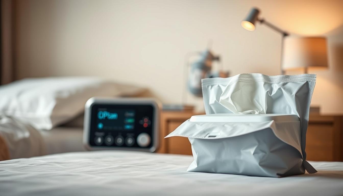 A detailed and realistic depiction of medical-grade cleaning wipes specifically designed for CPAP machines. In the foreground, a pack of wipes is prominently displayed, partially open to reveal the fresh, moist wipes inside, showcasing their texture and quality. In the middle ground, a sleek CPAP machine sits on a bedside table, surrounded by a calming bedroom setting with soft, warm lighting. The background features a softly blurred wall with soothing colors that enhance the serene atmosphere. Use a shallow depth of field to keep the focus on the wipes and the CPAP machine, conveying a sense of cleanliness and professionalism. Capture the scene from a slightly elevated angle to provide a comprehensive view, reflecting the importance of proper hygiene for sleep apnea equipment.