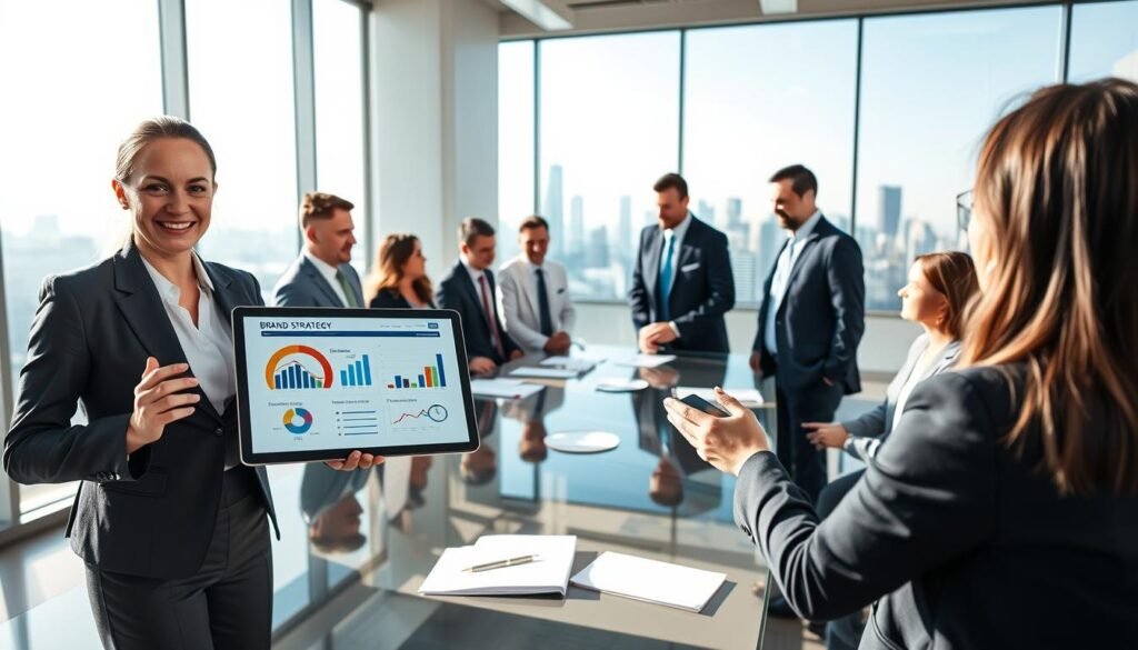 A modern office environment showcasing a diverse group of professionals engaged in a dynamic discussion about brand image enhancement. In the foreground, a confident businesswoman in a tailored suit presents a visually appealing brand strategy on a tablet, with charts and graphics reflecting positive market data. In the middle, a diverse team of men and women in business attire collaborates around a sleek conference table, surrounded by brand-related materials and a large window showing a city skyline in the background, signifying growth and opportunity. The lighting is bright and natural, creating an energizing atmosphere, with soft shadows adding depth to the scene. The overall mood is optimistic and forward-thinking, emphasizing professionalism and innovation in corporate branding.