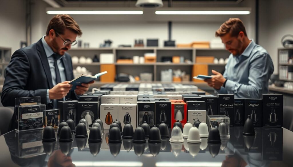 A sleek, modern performance evaluation setting, featuring an array of popular imported male pleasure products arranged neatly on a shiny table. In the foreground, two professional testers in business casual attire are examining the products with interest, using measuring tools and notebooks to record their observations. The middle ground showcases a large display of various airplane cup brands, each clearly identifiable and presented in elegant packaging. In the background, soft, diffused lighting creates a professional atmosphere, with a blurred out workshop-like environment that evokes a sense of expertise and precision in testing. The overall mood is analytical and focused, highlighting the meticulous nature of product performance evaluations.
