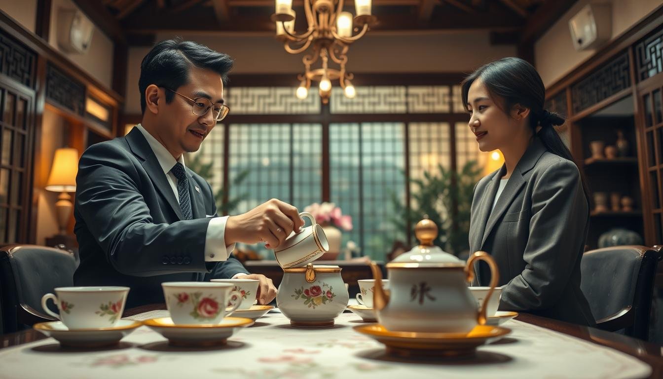 A sophisticated tea setting showcasing "定點茶消費禮儀" in a cozy, intimate atmosphere. In the foreground, a beautifully arranged tea table adorned with delicate china teacups, an elegant teapot, and floral decorations. A gentleman in professional business attire gracefully pours tea for a lady, who is dressed in modest casual clothing, both radiating warmth and politeness. In the middle, a soft glow emanates from a vintage chandelier above, casting gentle light on their engaged expressions. The background features a serene tea house with wooden beams, traditional decorations, and an inviting ambiance that echoes romance and refinement. The focus is on the interaction and etiquette, captured in a cinematic style with a 4:3 aspect ratio.