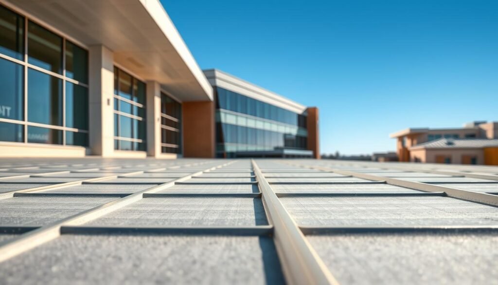 A wide-angle view of a modern healthcare facility featuring flat roofing sheets, demonstrating their practical application in institutional buildings. The foreground showcases the sleek, uniform flat roofing materials with a subtle sheen, highlighting their durability and design. In the middle ground, the facade of the healthcare facility is visible, showcasing expansive windows and contemporary architecture, emphasizing a clean and professional environment. The background could include a clear blue sky, enhancing the mood of a bright, sunny day. Soft natural lighting illuminates the scene, casting gentle shadows, while the angle captures the architectural beauty of the building from a slight upward perspective. The atmosphere conveys a sense of innovation and reliability, ideal for a healthcare setting.