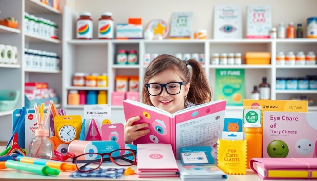 A bright and inviting children's eye care product display in a cozy, well-lit environment. In the foreground, showcase a variety of colorful eye health items such as magnifying glasses, kid-friendly glasses, eye charts, and playful lens cleaning cloths. In the middle ground, arrange a cheerful child wearing stylish eyewear, engaged in reading a vibrant book with an expression of curiosity and joy. In the background, soft pastel colors create a calm atmosphere, with shelves filled with more eye care products, like vitamin supplements and educational posters about eye health. The scene is illuminated with natural light, creating a warm, welcoming mood that emphasizes the importance of eye care for children. Capture this from a slightly elevated angle to offer a clear view of both the products and the child.