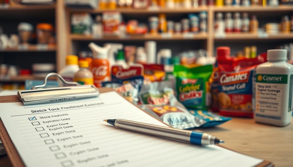 A close-up view of an office desk featuring a variety of American consumer products, with some items clearly displaying expiration dates and inventory labels. The foreground centers on a clipboard with a checklist about stock freshness. In the middle, there are neatly arranged packages of food products and health items, all with visible expiration dates, indicating concerns about old or expired inventory. The background shows a shelf filled with more products, some of which appear dusty to imply neglect. Soft, warm lighting adds a serious yet informative atmosphere, while a slight depth of field blurs the background, emphasizing the importance of inventory management. The overall mood is professional and cautionary, directing attention to the challenges faced by consumers in avoiding expired goods.