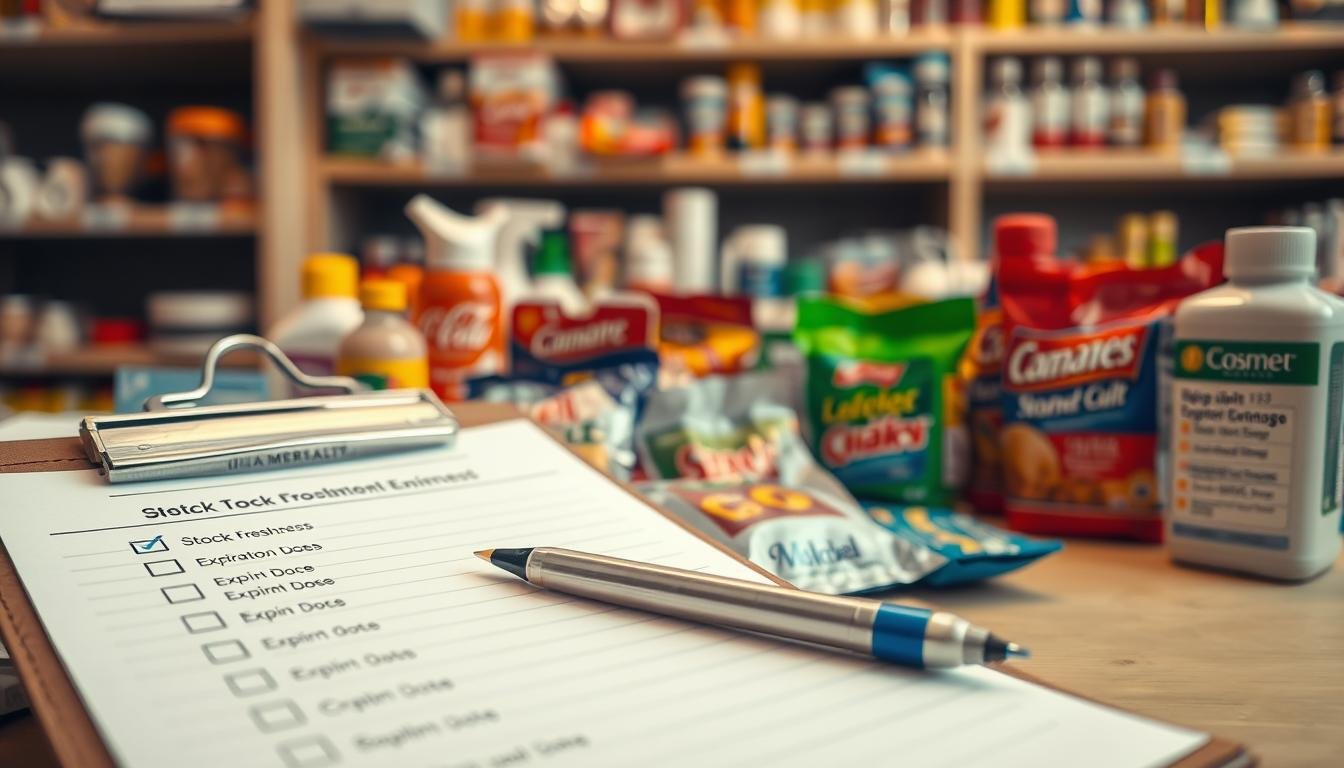 A close-up view of an office desk featuring a variety of American consumer products, with some items clearly displaying expiration dates and inventory labels. The foreground centers on a clipboard with a checklist about stock freshness. In the middle, there are neatly arranged packages of food products and health items, all with visible expiration dates, indicating concerns about old or expired inventory. The background shows a shelf filled with more products, some of which appear dusty to imply neglect. Soft, warm lighting adds a serious yet informative atmosphere, while a slight depth of field blurs the background, emphasizing the importance of inventory management. The overall mood is professional and cautionary, directing attention to the challenges faced by consumers in avoiding expired goods.