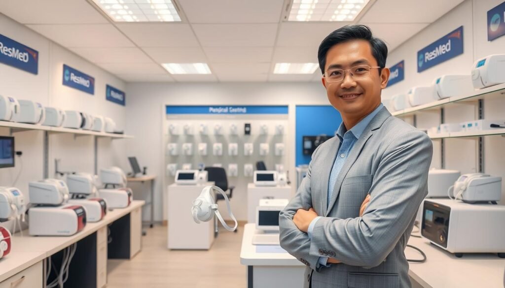 A professional and bright Hong Kong medical equipment showroom featuring ResMed AirSense 11 and Prisma Smart Max CPAP machines on clean displays, a clinical yet welcoming atmosphere, a consultant holding a CPAP mask, high resolution, realistic style.