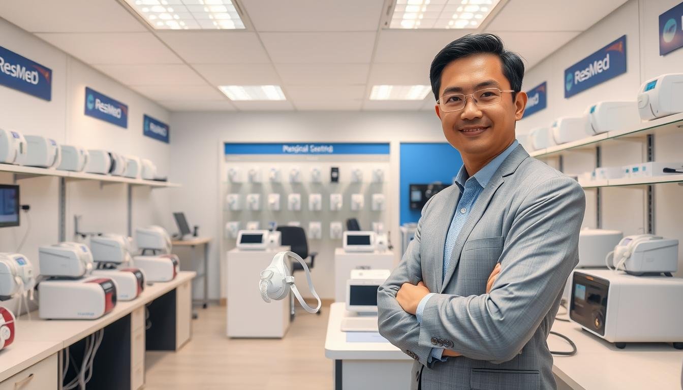 A professional and bright Hong Kong medical equipment showroom featuring ResMed AirSense 11 and Prisma Smart Max CPAP machines on clean displays, a clinical yet welcoming atmosphere, a consultant holding a CPAP mask, high resolution, realistic style.