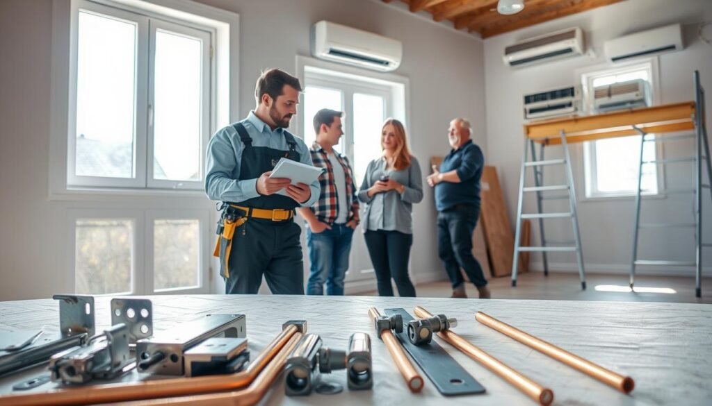 A professional technician inspecting a space for air conditioning installation, standing next to a large, open window in a bright, airy room. The technician wears a smart uniform, equipped with a clipboard, measuring tape, and tools. In the foreground, various installation components like mounting brackets and copper pipes are neatly organized. The middle ground features the technician measuring the window dimensions and discussing with a homeowner, who is dressed in casual yet presentable attire. The atmosphere is collaborative and focused, with natural light streaming in, creating a warm and inviting environment. The background includes wall-mounted air conditioning units and a partially set up scaffolding, indicating ongoing installation work. The image has a professional yet approachable mood, emphasizing the importance of planning and transparency in installation costs.