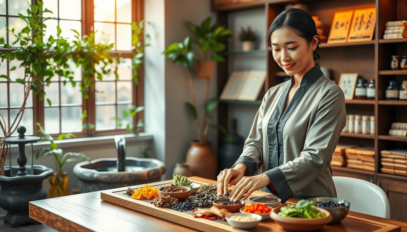 A serene, inviting herbal medicine clinic focusing on gynecological traditional Chinese medicine. In the foreground, a professional female practitioner dressed in modest, professional attire, carefully prepares a selection of colorful herbs and natural remedies on a wooden table, showcasing her expertise. The middle ground features shelves filled with jars of dried herbs and traditional medical texts, while a small indoor water fountain adds a calming element to the scene. The background is softly lit with warm, natural light filtering through a window adorned with green plants, creating a tranquil, harmonious atmosphere. The image evokes a sense of balance, healing, and the integration of ancient practices into modern wellness.