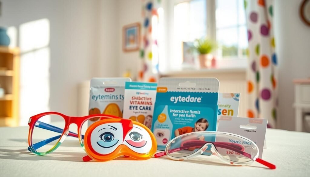 A visually appealing display of various children's eye care products, prominently featuring colorful eyeglasses, eye patches, and playful screen filters. In the foreground, a pair of cute, oversized glasses sits next to a vibrant, cartoon-themed eye patch, invitingly arranged on a soft pastel-colored surface. In the middle, neatly packaged items such as children’s vitamins for eye health and interactive educational booklets about eye care can be seen. The background shows a bright, cheerful room filled with soft natural light, through a window adorned with playful curtains. The atmosphere is inviting and educational, capturing the essence of child health care with an emphasis on fun and safety. The scene is well-lit, with soft shadows enhancing the colors and textures, all photographed from a slightly elevated angle. A visually appealing display of various children's eye care products, prominently featuring colorful eyeglasses, eye patches, and playful screen filters. In the foreground, a pair of cute, oversized glasses sits next to a vibrant, cartoon-themed eye patch, invitingly arranged on a soft pastel-colored surface. In the middle, neatly packaged items such as children’s vitamins for eye health and interactive educational booklets about eye care can be seen. The background shows a bright, cheerful room filled with soft natural light, through a window adorned with playful curtains. The atmosphere is inviting and educational, capturing the essence of child health care with an emphasis on fun and safety. The scene is well-lit, with soft shadows enhancing the colors and textures, all photographed from a slightly elevated angle.