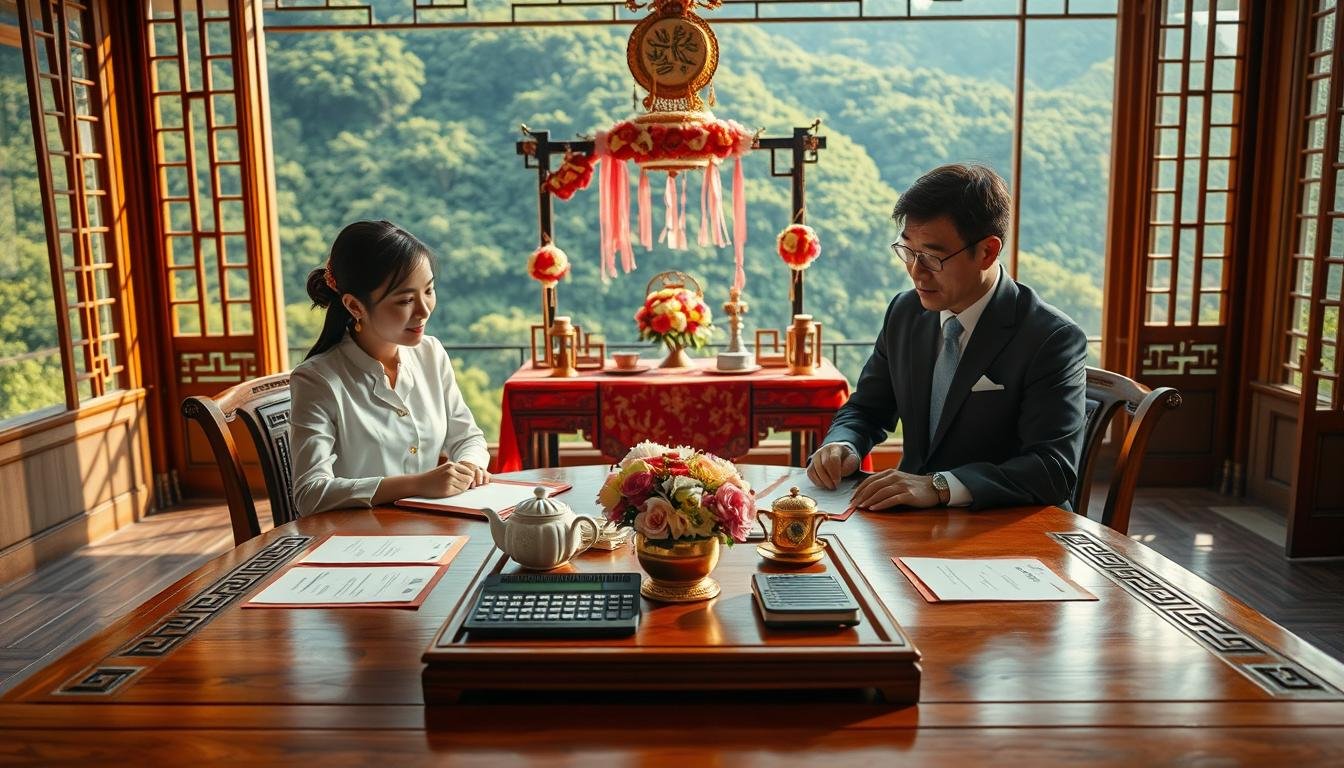 A meticulously arranged Taiwanese wedding scene illustrating the concept of bride price negotiation. In the foreground, a professional couple sits at a traditional wooden table, discussing wedding details, with neatly organized documents and a calculator in front of them. The middle ground features a beautifully decorated tea ceremony setup, adorned with flowers and symbolic items representing cultural significance. In the background, a serene setting of a rich green landscape can be seen through large windows, providing a sense of tranquility and tradition. The lighting is warm and inviting, casting soft shadows to enhance the atmosphere of intimate conversation. The scene should evoke feelings of respect and collaboration, reflecting the evolving perspectives on marriage customs in Taiwan. The angle should be slightly elevated, focusing on the couple's discussion while incorporating elements of tradition in the composition.