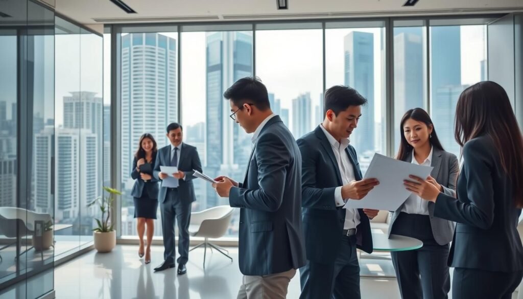 A modern office leasing scene in Hong Kong, focusing on the process from viewing to moving in. In the foreground, a diverse group of professionals in business attire, reviewing leasing documents and discussing options, showcasing collaboration and strategy. The middle features a sleek, contemporary office space with large windows, bright natural light pouring in, minimalist furniture, and a view of the bustling city skyline. The background highlights iconic Hong Kong architecture, creating a vibrant urban atmosphere. The image utilizes soft, ambient lighting for a welcoming mood and is shot from a slightly elevated angle to capture both the office interior and the impressive buildings outside. No text or overlays present; the scene is professional and inviting.
