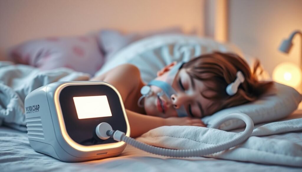 A serene bedroom setting showcasing a child peacefully sleeping with a CPAP machine next to them, illustrating the combined use of a Good CPAP device and a ventilation machine for optimal therapy efficacy. In the foreground, a sleek, modern CPAP machine displays a soft glow, highlighting the mask gently resting on the child’s face. The middle of the composition features comforting pillows and a cozy blanket, enhancing the atmosphere of safety and care. In the background, soft ambient lighting creates a warm, serene ambiance, with pastel colors on the walls and a calming nightlight. The scene captures a sense of tranquility and the importance of a proper sleep environment for respiratory care. Focus on clarity, with a slight vignette effect around the edges to draw attention to the child.
